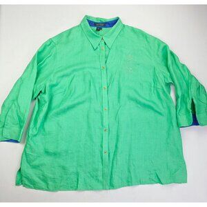 Lauren Ralph Lauren Size 3X Womens Green Linen Embroidered Chest Logo 3/4 Sleeve